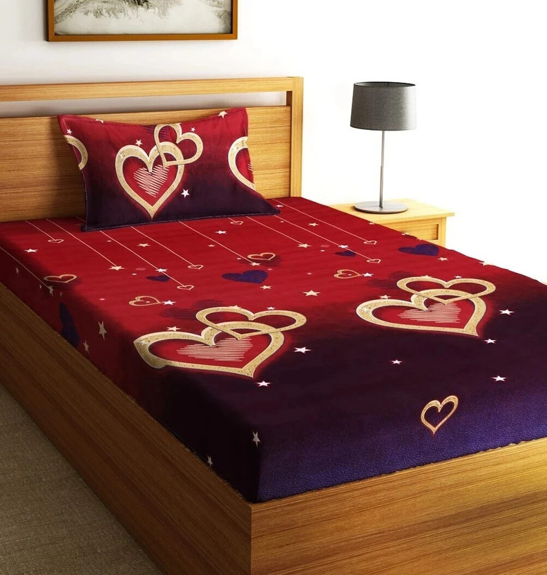 Fashion String Microfiber Single Flat 144 TC Printed 1 Bedsheet with 2 Pillow Covers(Cherry Red)