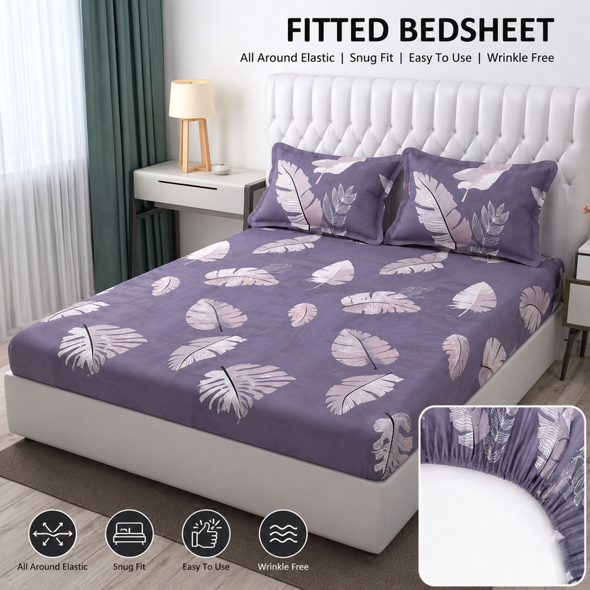 KARIDH Cotton Double Fitted (Elastic) 320 TC Printed 1 Summer Bedsheet with 2 Pillow Covers(PURPLE PANKH)