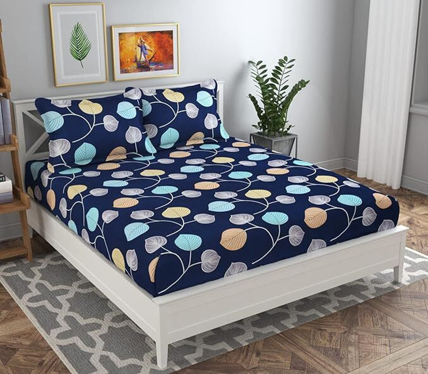 VAS COLLECTIONS Cotton Double Flat 160 TC Floral 1 Bedsheet with 2 Pillow Covers(Blue - Multi)