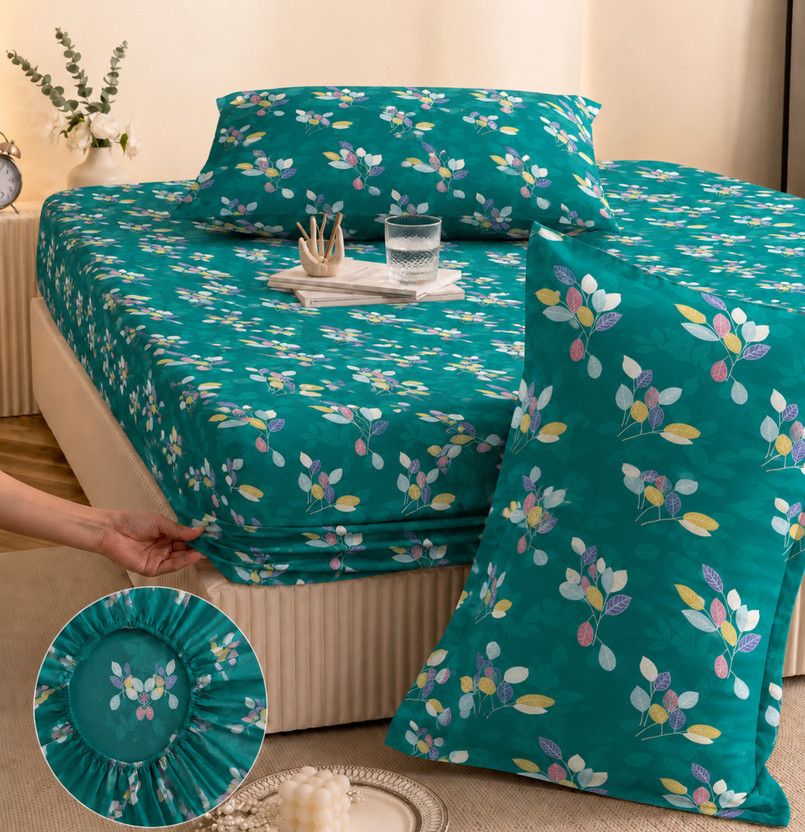 YaAkholic Cotton King Fitted (Elastic) 242 TC Printed 1 Summer Bedsheet with 2 Pillow Covers(Green, Multicolor)