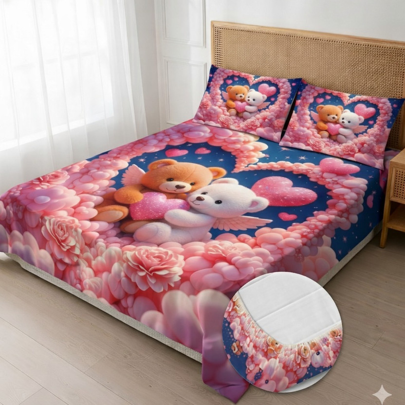 VIRAAJ TEXTILE Cotton Blend King Fitted (Elastic) 220 TC 3D Printed 1 Bedsheet with 2 Pillow Covers(Teddy Bears)