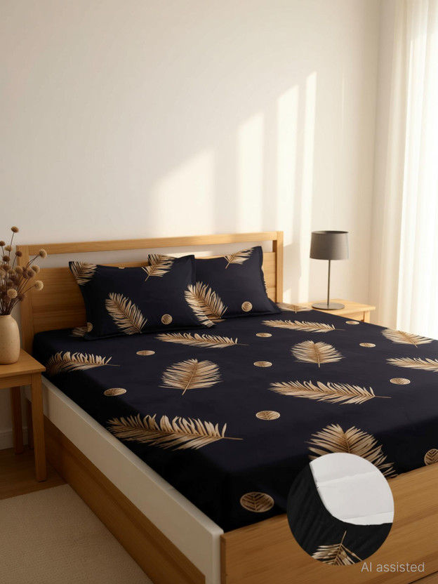 TerryFox Cotton Double Fitted (Elastic) 310 TC Printed 1 Bedsheet with 2 Pillow Covers(Multicolor)