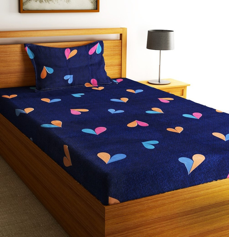 Fashion String Microfiber Single Flat 144 TC Printed 1 Bedsheet with 2 Pillow Covers(Navy Blue)