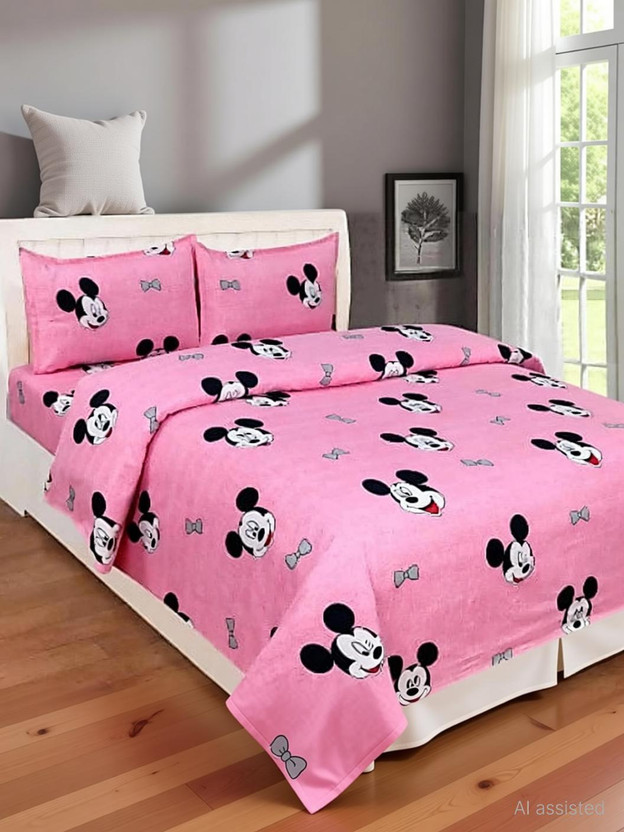 ShopGlobal ShopGlobal Cotton Double Flat 210 TC Printed 1 Bedsheet with 2 Pillow Covers(Pink) - Flipkart Deal