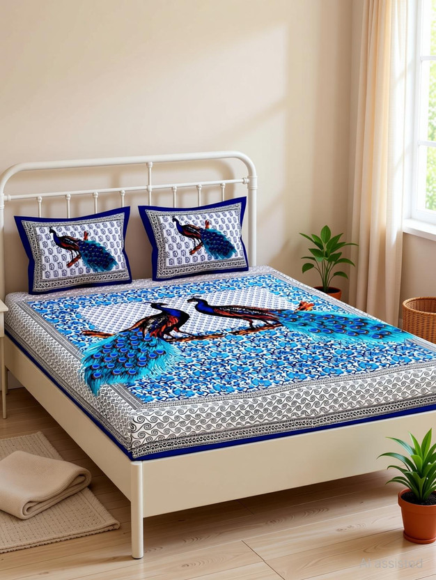 Cosito Cotton Double Flat 144 TC Printed 1 Bedsheet with 2 Pillow Covers(Sky Blue)