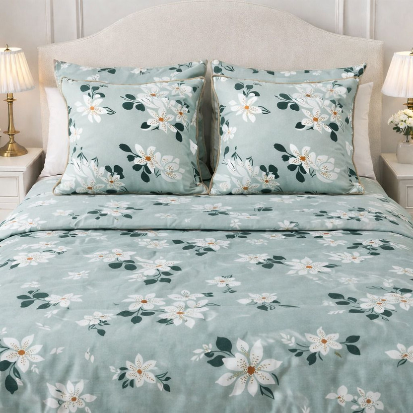 PILLOWALA Cotton Double, Super King, Queen, King Flat 180 TC Floral 1 Summer Bedsheet with 2 Pillow Covers(Blue)