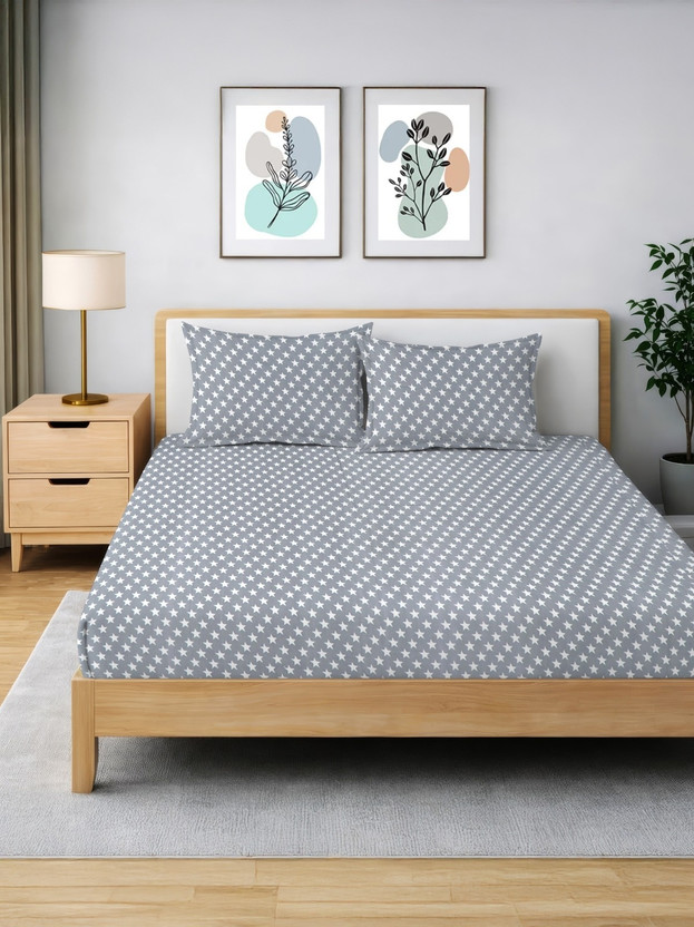 SUKHAURA Cotton King Fitted (Elastic) 244 TC Printed 1 Summer Bedsheet with 2 Pillow Covers(Grey)