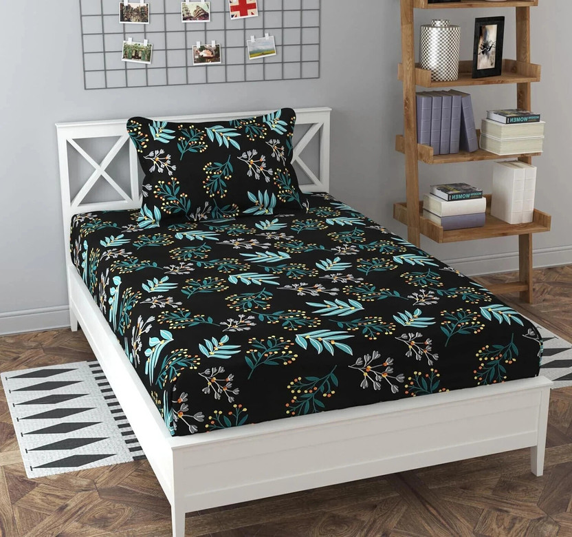 Decent Home Cotton Single Flat 144 TC Striped 1 Bedsheet with 2 Pillow Covers(Black)