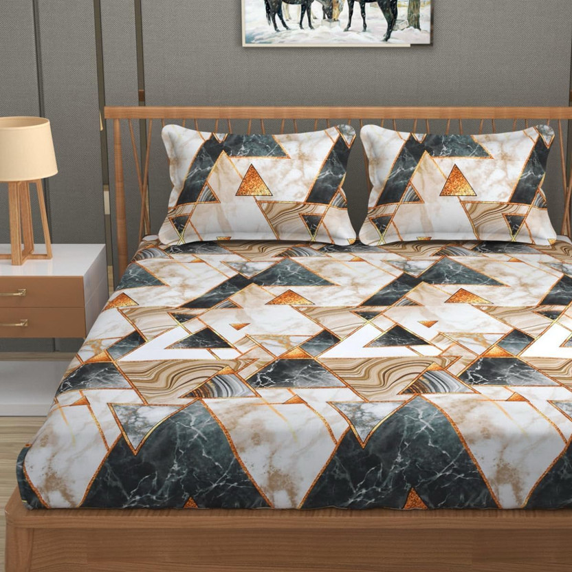 RisingStar Microfiber King Fitted (Elastic) 250 TC Floral 1 Bedsheet with 2 Pillow Covers(Premium White Traingles)