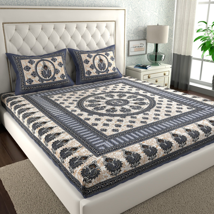 CLOTHOLOGY Cotton Double Flat 144 TC Jaipuri Prints 1 Bedsheet with 2 Pillow Covers(Navy Blue, Beige, Soft White)