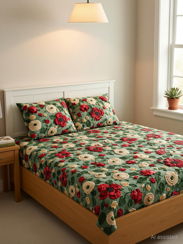Decent Home Cotton Double Fitted (Elastic) 240 TC 7D Digital 3 Summer Bedsheets with 2 Pillow Covers(Green 7d bedsheet)