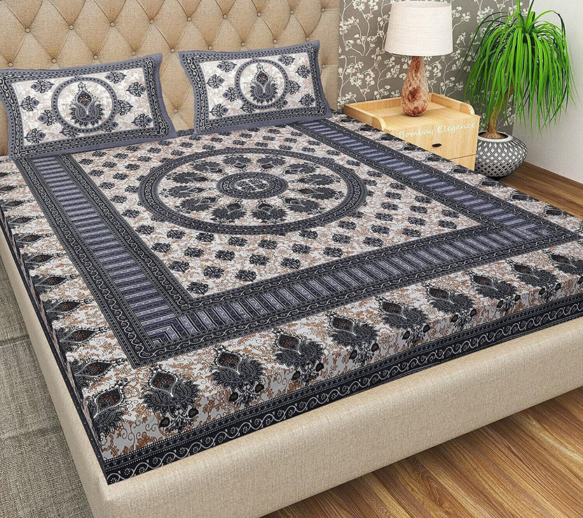 Soft Double Cotton Bed sheet Cotton King Flat 144 TC Jaipuri Prints 1 Bedsheet with 2 Pillow Covers(Multicolor7)
