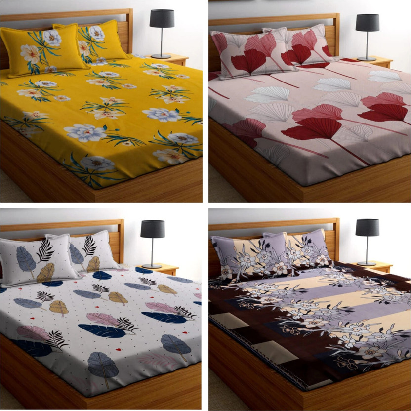 Amrange Cotton King Flat 210 TC 3D Printed 4 Bedsheets with 8 Pillow Covers(Multicolor)