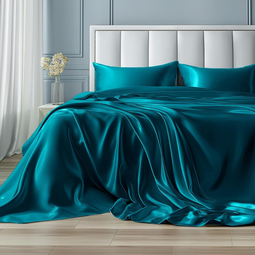 ALISHIBACASA Silk Single Flat 400 TC Solid 1 Bedsheet(Teal)