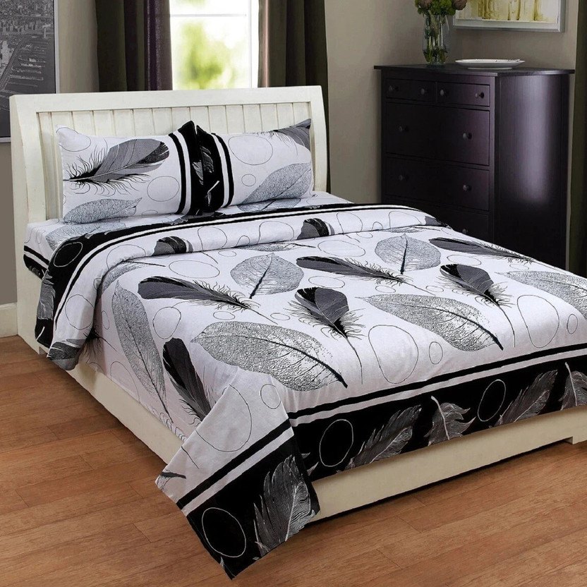 Panipat Textile Hub Microfiber Double Flat 140 TC Printed 1 Bedsheet with 2 Pillow Covers(Black)