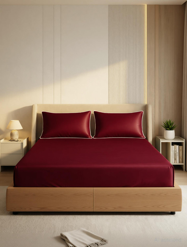 SANMARINO Satin King Fitted (Elastic) 300 TC Solid 1 Bedsheet(Wine Maroon)