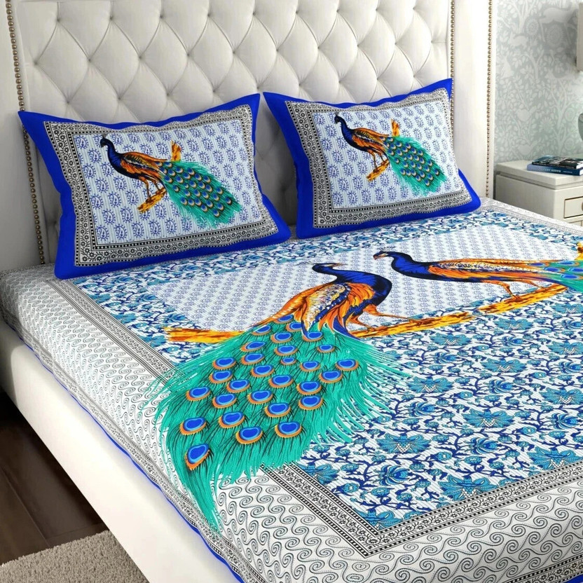 Leo Creation Cotton Double Flat 144 TC Jaipuri Prints 1 Bedsheet with 2 Pillow Covers(Blue, Green, Orange, Dark Blue, Black, Brown)