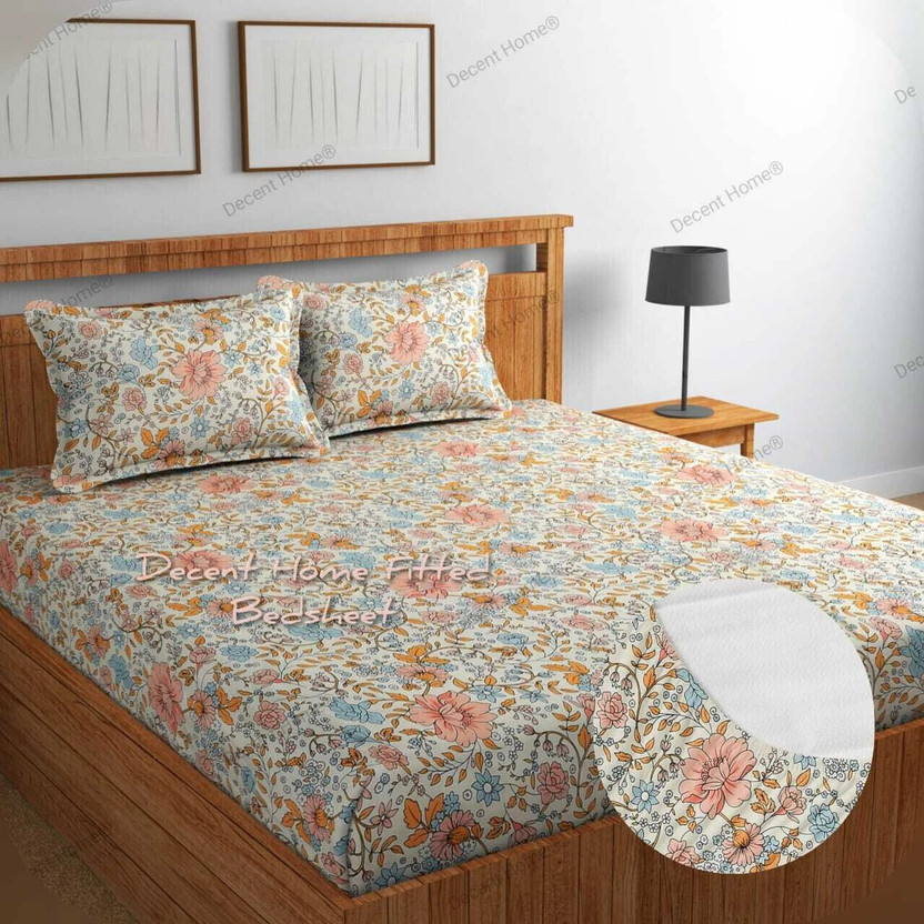 Decent Home Cotton Double Fitted (Elastic) 240 TC Floral 1 Bedsheet with 2 Pillow Covers(YellowPeach)