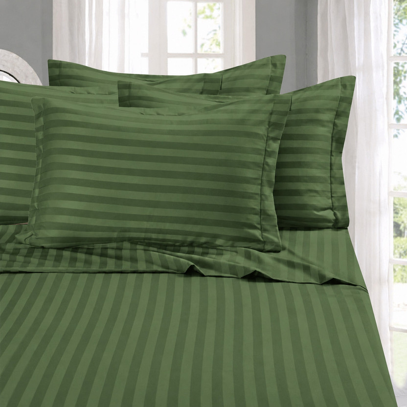 COZY QUEEN Cotton King Flat 350 TC Striped 1 Summer Bedsheet with 2 Pillow Covers(Green)