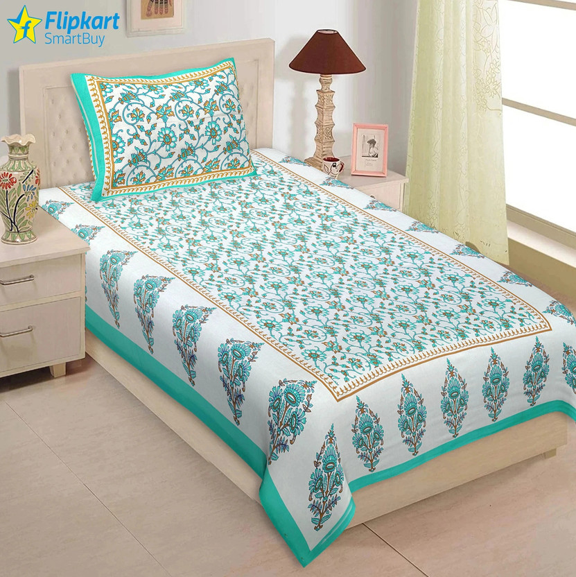 Flipkart SmartBuy Cotton Single Flat 180 TC Jaipuri Prints 1 Bedsheet with 2 Pillow Covers(Sea Green)