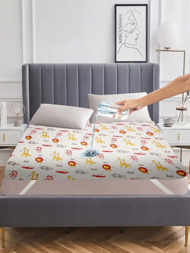WINNSUN King Size Elastic Strap Synthetic Waterproof Mattress Cover(198 cm x 182 cm, Yellow, White)