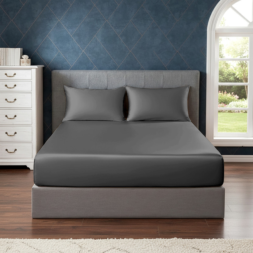 pure eco Silk King Fitted (Elastic) 400 TC Solid 1 Bedsheet with 2 Pillow Covers(Dark Grey)