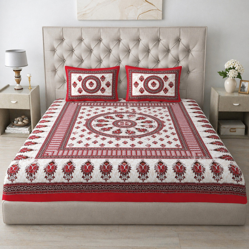 LivSpacey Cotton Double Flat 180 TC Printed 1 Summer Bedsheet with 2 Pillow Covers, 2 Cushion Covers(Red)