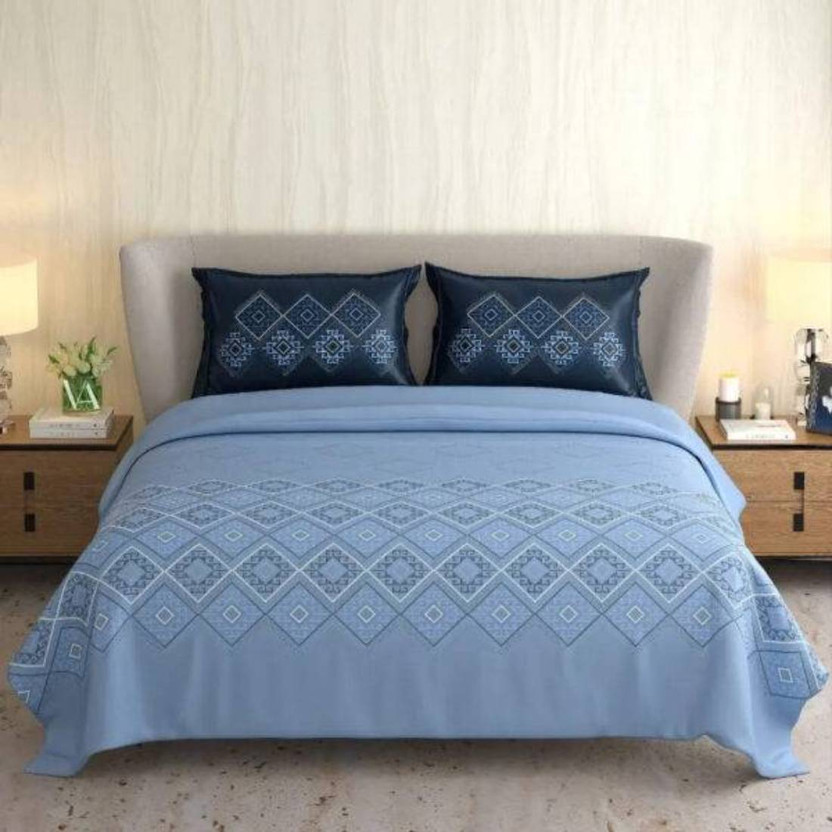 COZYCO Cotton Double Flat 250 TC Geometric 1 Bedsheet(Blue)