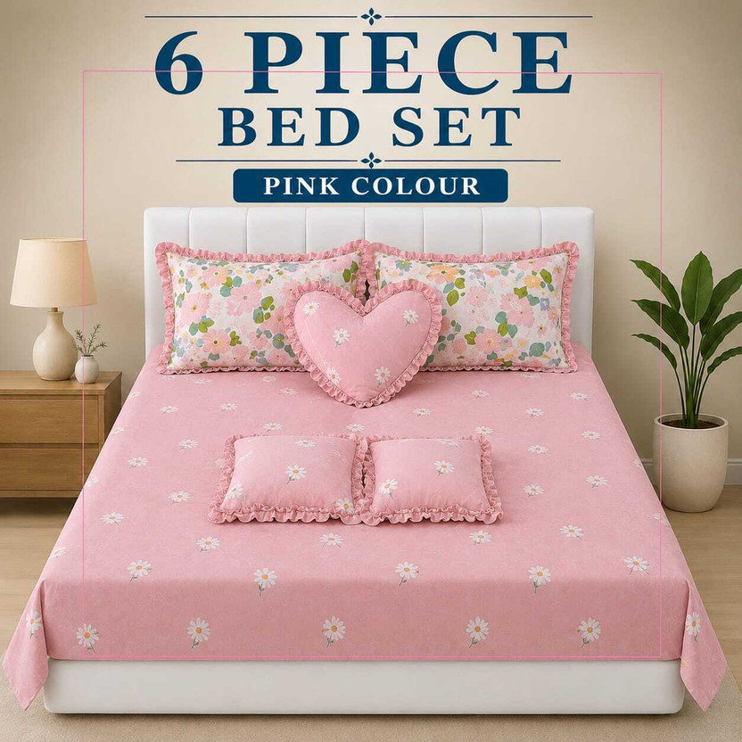 V RAAZ Cotton Double Flat 220 TC Printed 1 Summer Bedsheet with 2 Pillow Covers, 3 Cushion Covers(BABY PINK)