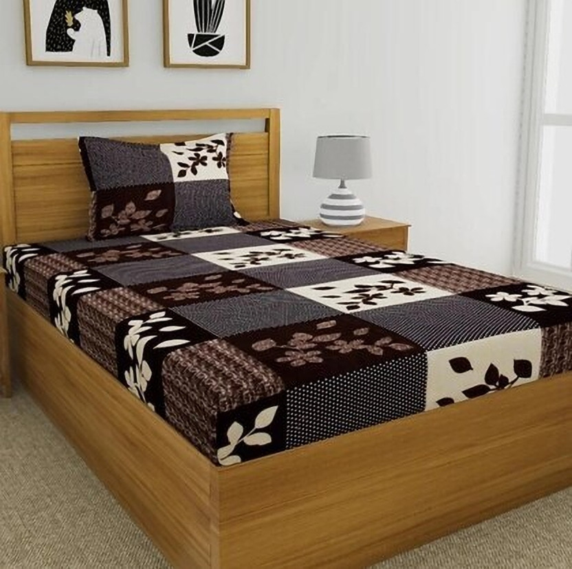 Home Garage Microfiber Single Flat 180 TC 3D Printed 1 Bedsheet with 2 Pillow Covers(Brown)