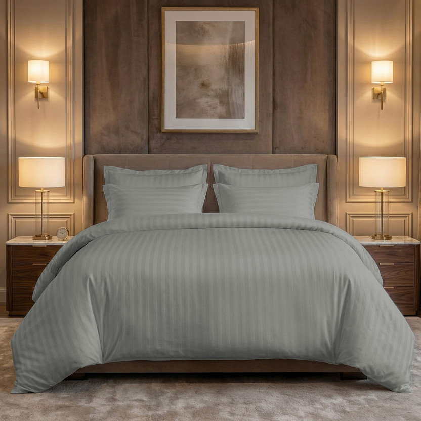 LINENWALAS Cotton King Fitted (Elastic) 300 TC Striped 1 Bedsheet with 2 Pillow Covers(Silver Grey)