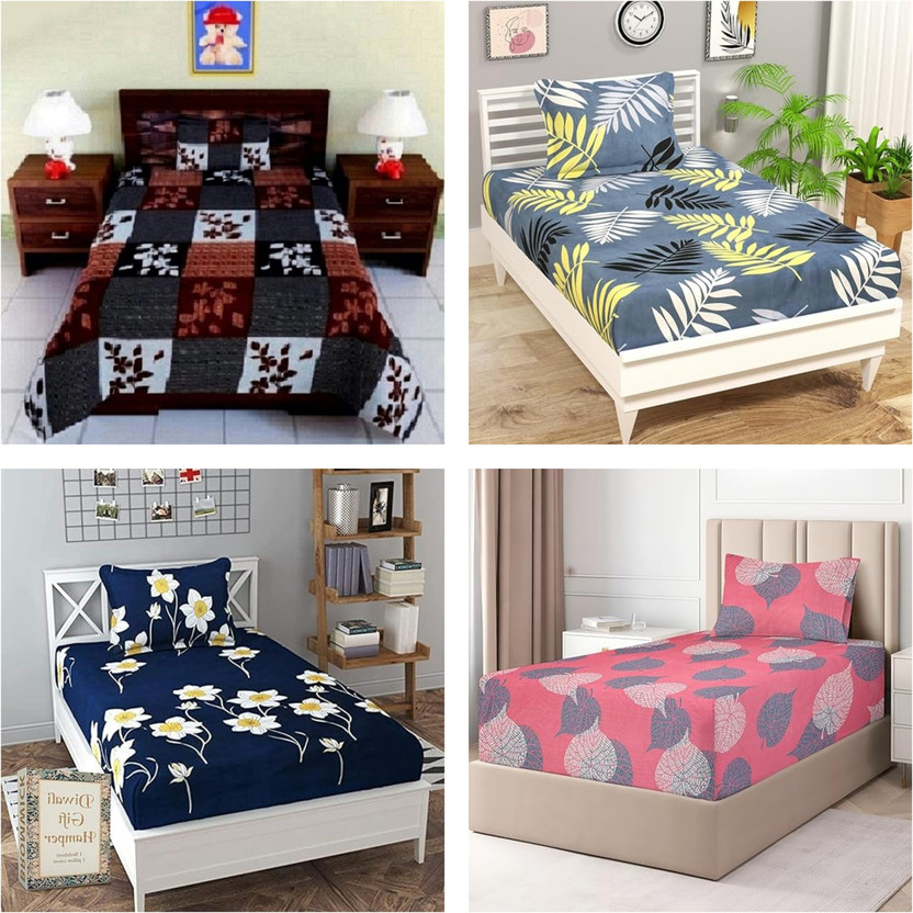 MR MR VIHAAN Polycotton, Microfiber, Cotton Blend Single Flat 160 TC 3D Printed 4 Bedsheets with 8 Pillow Covers(Pink, Blue, Grey) - Flipkart Deal