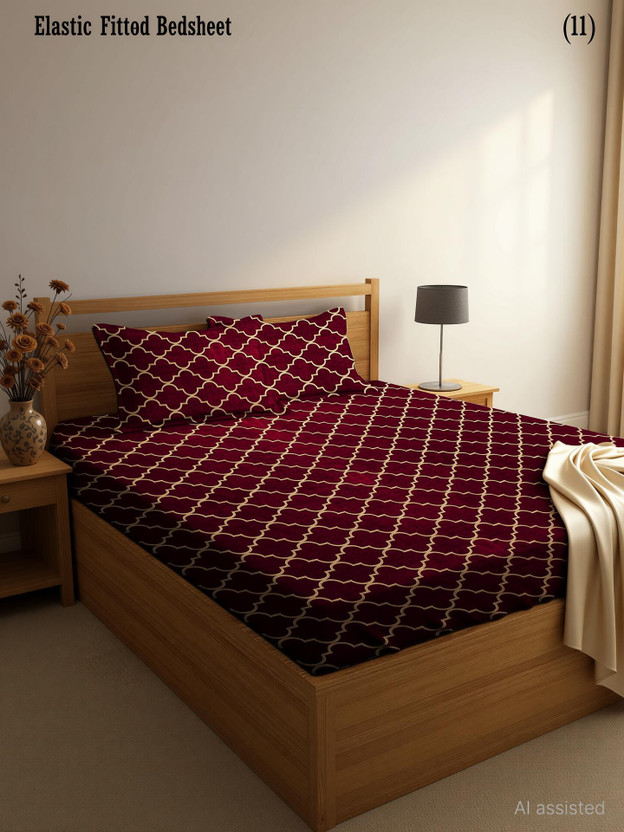 Amrange Cotton King Fitted (Elastic) 210 TC Checkered 1 Bedsheet with 2 Pillow Covers(Maroon)