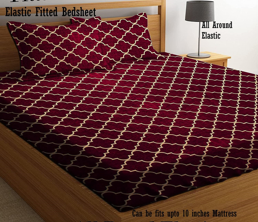 Amrange Cotton King Fitted (Elastic) 210 TC Checkered 1 Bedsheet with 2 Pillow Covers(Maroon)