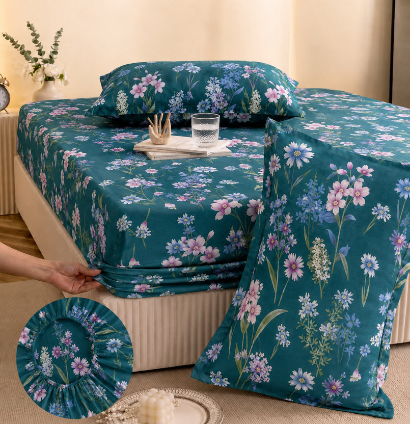 YaAkholic Cotton King Fitted (Elastic) 242 TC Printed 1 Summer Bedsheet with 2 Pillow Covers(Green)