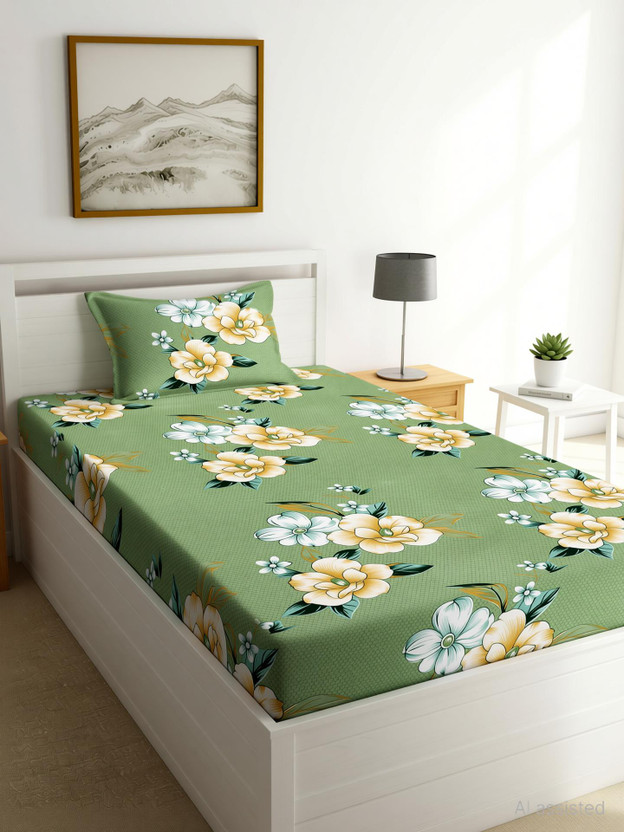 Moonroof Cotton Single Fitted (Elastic) 240 TC Printed 1 Bedsheet with 2 Pillow Covers(White, Green_Sunflower)