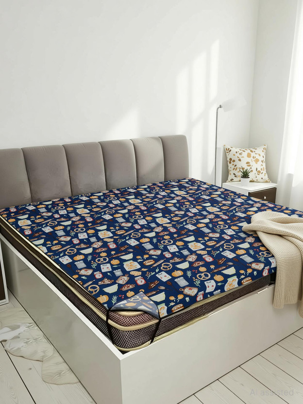 Kanushi Industries PVC Double Fitted (Elastic) 120 TC Printed 1 Bedsheet(Multicolor)