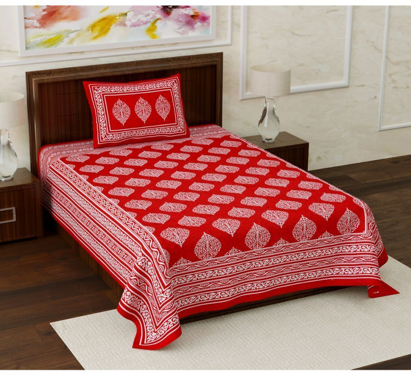 Homeline Cotton Single Flat 104 TC Printed 1 Bedsheet with 2 Pillow Covers(Red)