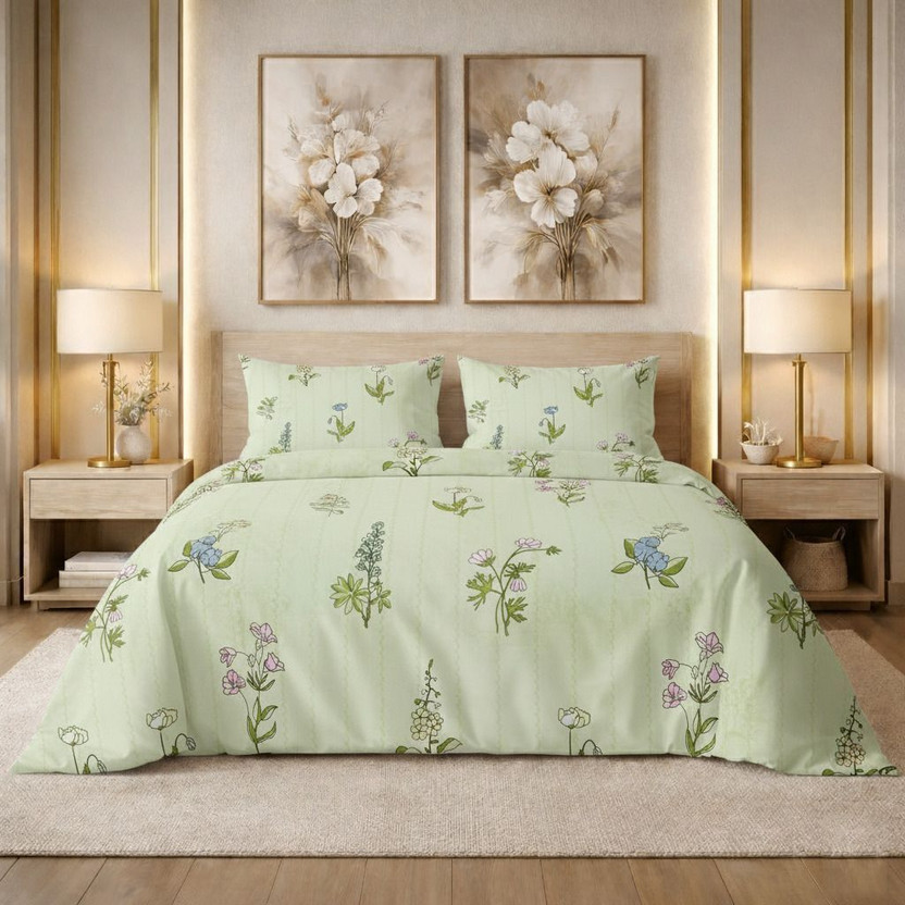 BSB HOME Cotton King Flat 300 TC Floral 1 Summer Bedsheet with 2 Pillow Covers(Green)