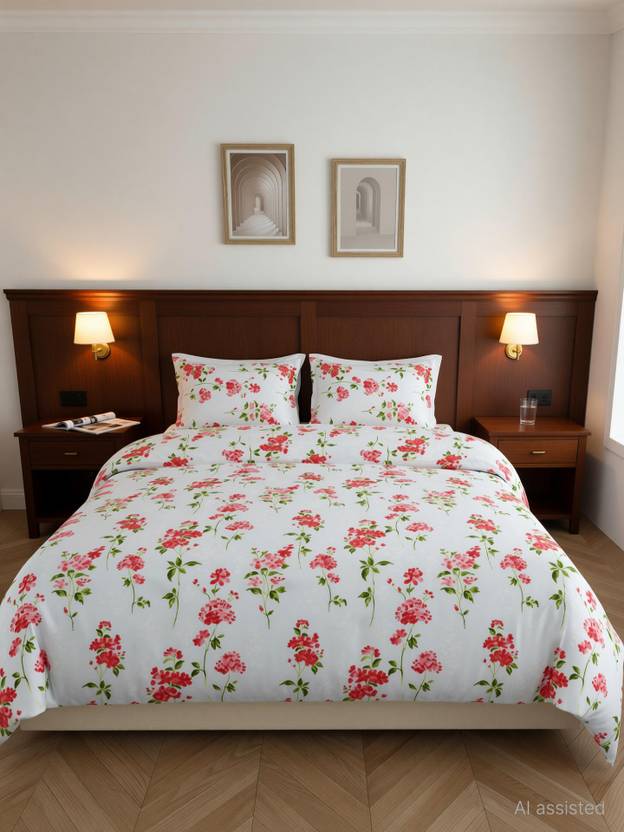 haus & kinder Microfiber Double Flat 200 TC Printed 1 Bedsheet with 2 Pillow Covers Sage Green