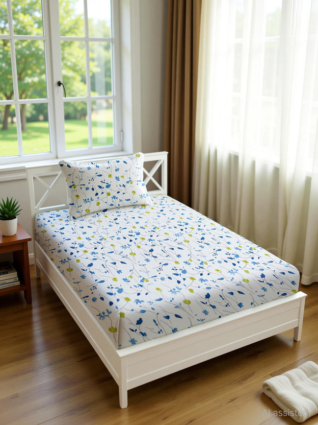 Home Stylish Cotton Single Flat 280 TC Floral 1 Bedsheet(Blue & White)