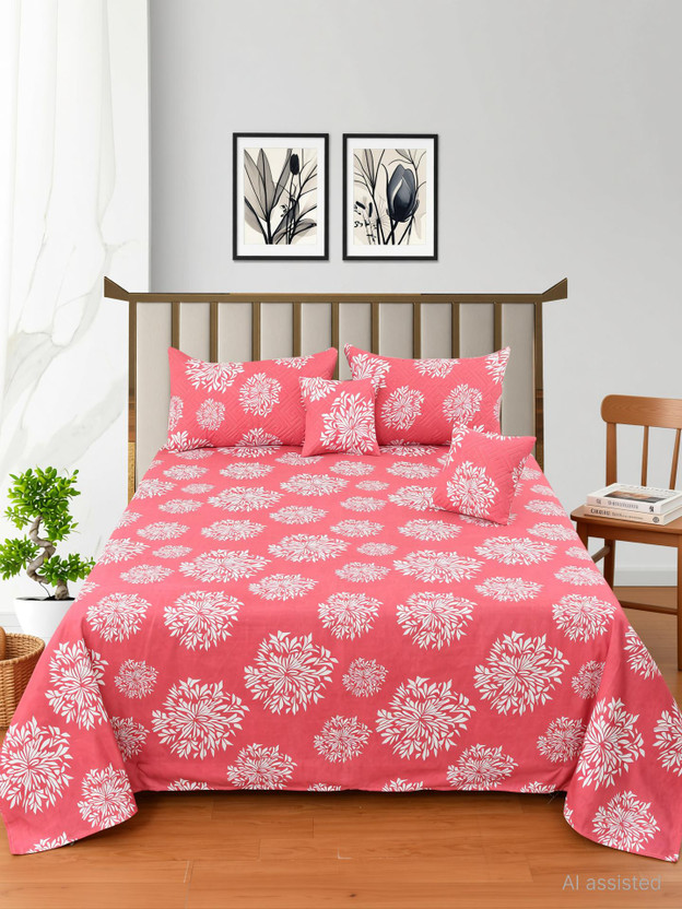 CLOVIS KRAFTS Cotton King Flat 300 TC Floral 1 Bedsheet with 2 Pillow Covers, 2 Cushion Covers(PINK KHADDI)