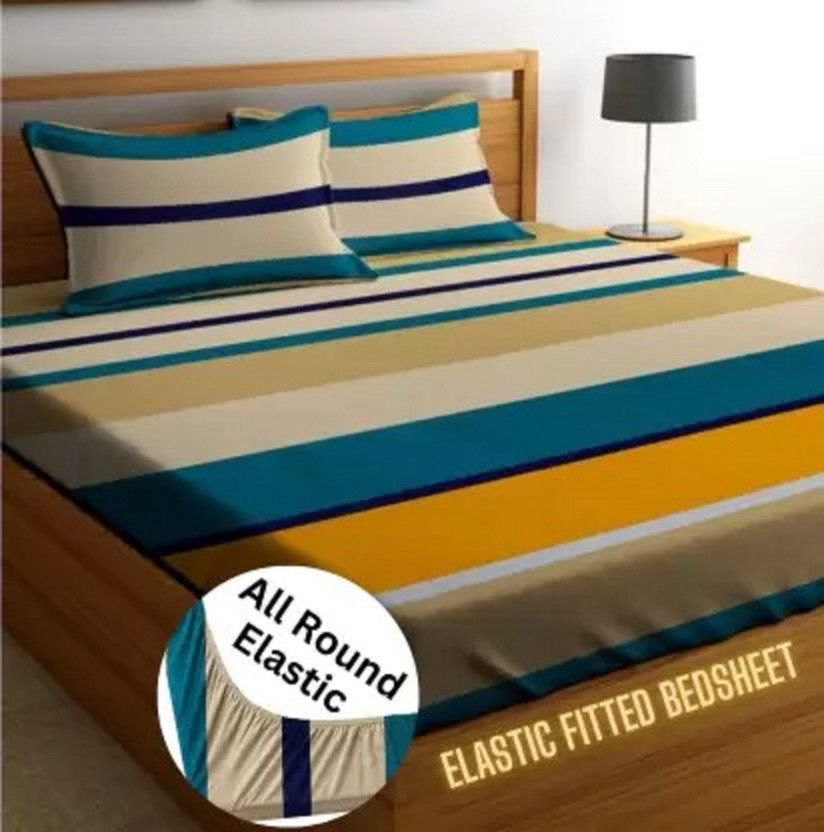TerryFox Cotton Double Fitted (Elastic) 320 TC Printed 1 Bedsheet with 2 Pillow Covers(Multicolor)