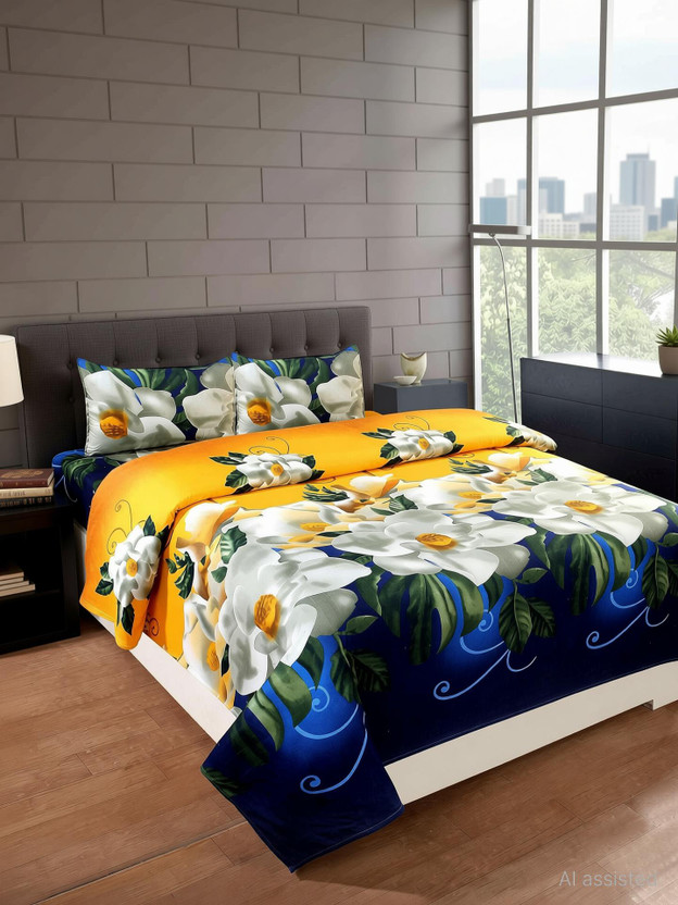 Bedit Cotton Double Flat 200 TC 3D Printed 1 Bedsheet with 2 Pillow Covers(Multicolor)