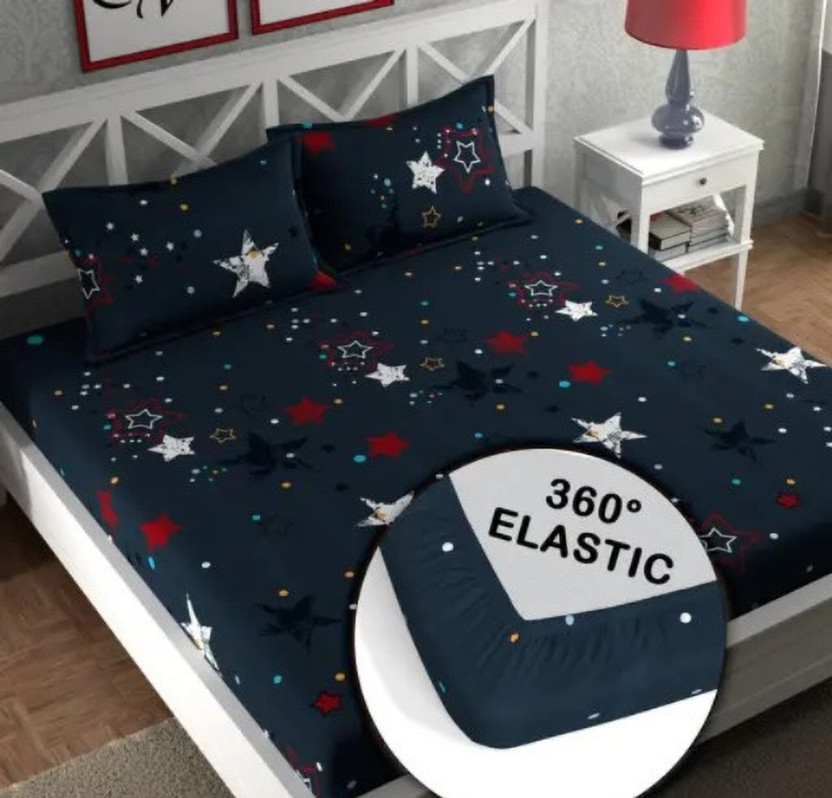 Moonroof Cotton Double Fitted (Elastic) 244 TC Printed 1 Bedsheet with 2 Pillow Covers(Blue Star)