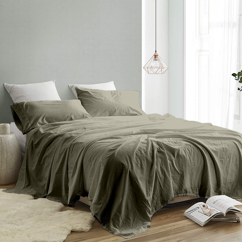 CARLTON LONDON Cotton King Flat 300 TC Solid 1 Bedsheet with 2 Pillow Covers(GREYISH OLIVE GREEN)