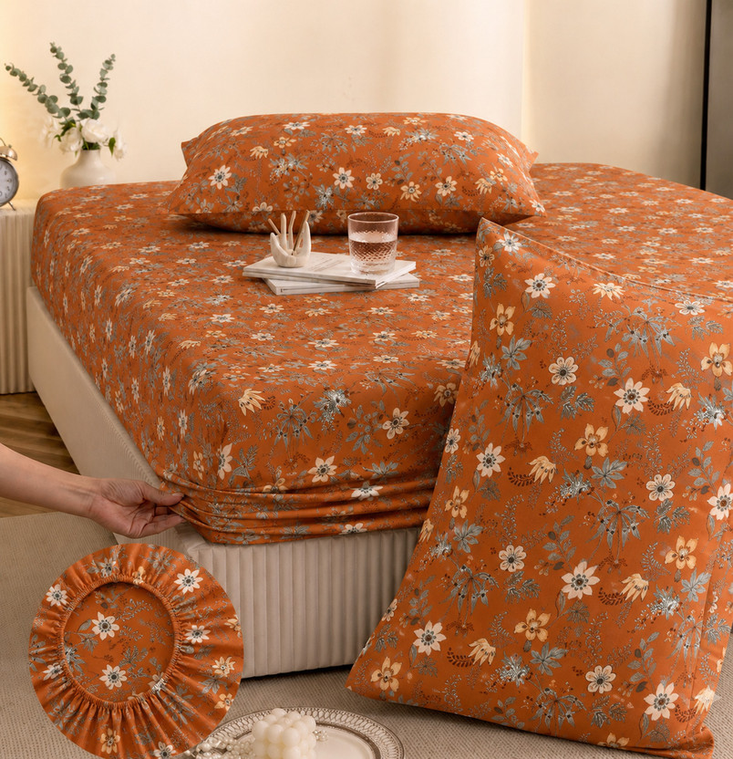 YaAkholic Cotton King Fitted (Elastic) 242 TC Printed 1 Summer Bedsheet with 2 Pillow Covers(Green, Orange)