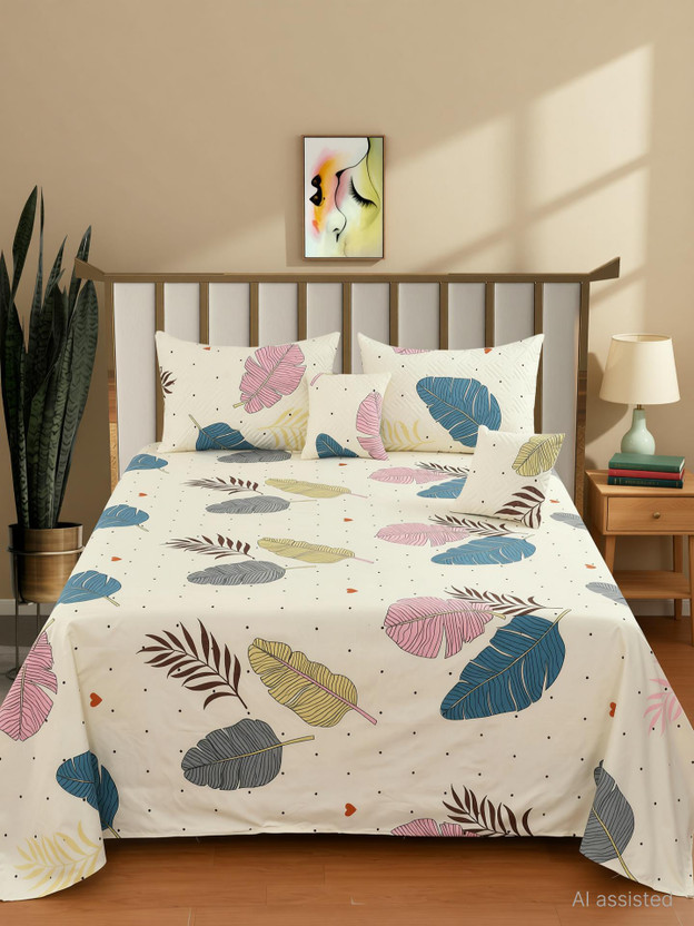 CLOVIS KRAFTS Cotton Double Flat 300 TC Floral 1 Bedsheet with 2 Pillow Covers, 2 Cushion Covers(CREAM FEATHER)