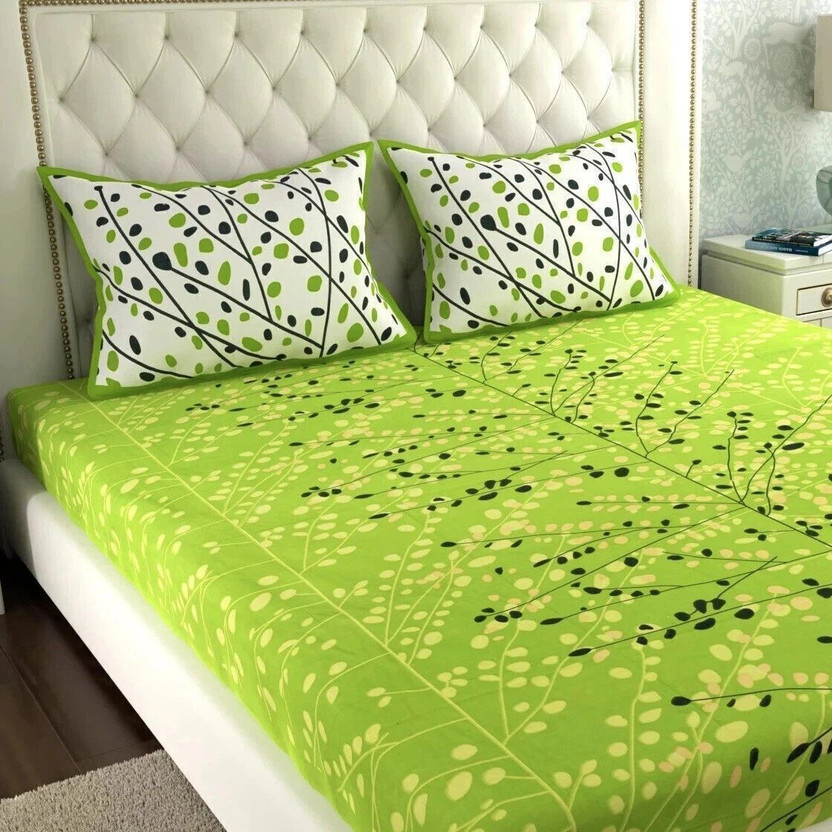Mirasha Cotton Double Flat 144 TC Jaipuri Prints 1 Summer Bedsheet with 2 Pillow Covers(Green, Light Green, Beige)