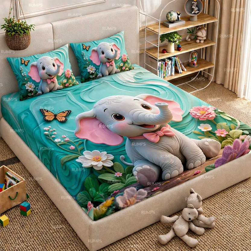 Rumps Cotton Double Flat 450 TC 7D Digital 1 Bedsheet with 2 Pillow Covers(Multicolor, 7D Digital Elephant)